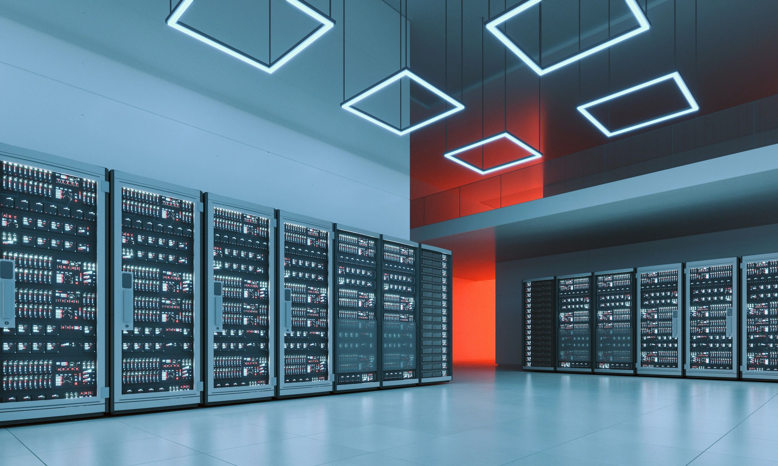 High-capacity server room illustrating scalable fiber backbone connectivity